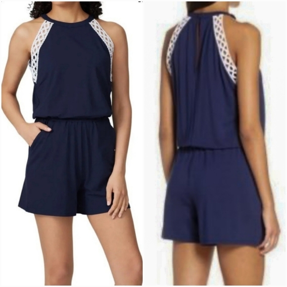 Lilly Pulitzer, Navy Blue LALA Knit Lace Trim Shorts Halter Romper, Size XS - Picture 1 of 11